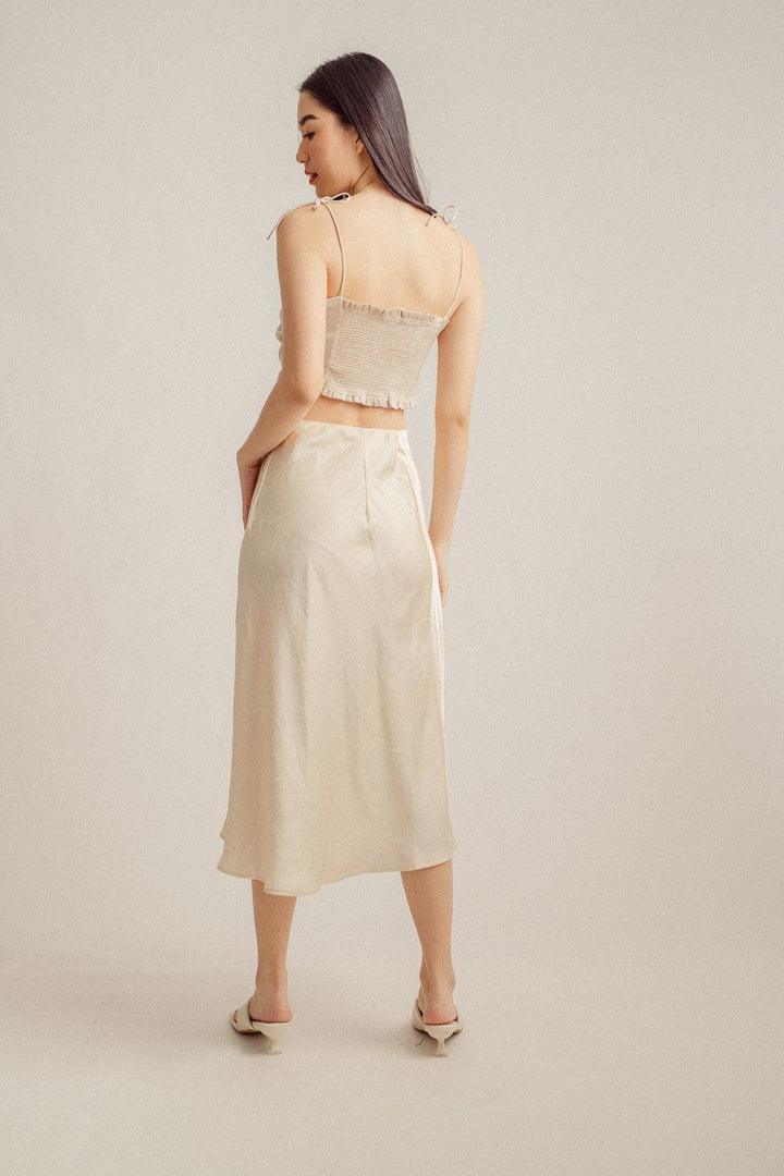 Ainsley Cream Silk Side Buttons Midi Skirt