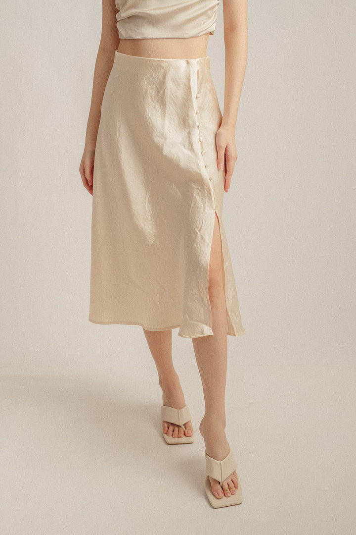 Ainsley Cream Silk Side Buttons Midi Skirt