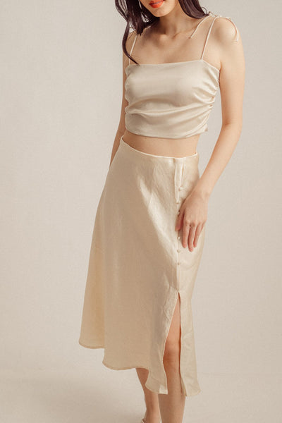 Ainsley Cream Silk Side Buttons Midi Skirt
