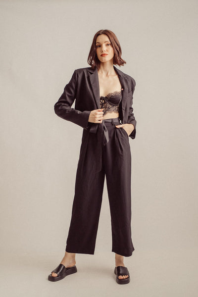Londyn Black Pleated Zipper Fly Straight Cut Trouser with Belt Loop