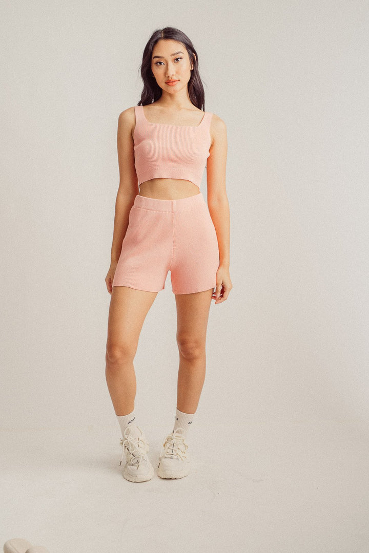 Jeno Pink Ribbed Tank Top, Cardigan and Shorts Set