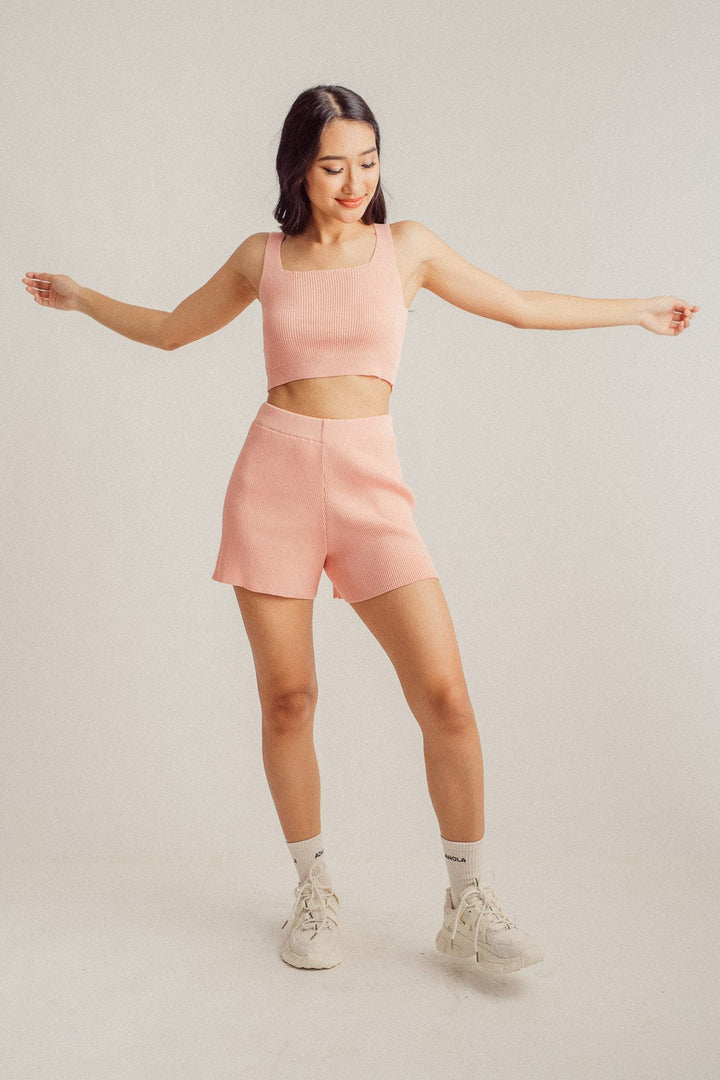 Jeno Pink Ribbed Tank Top, Cardigan and Shorts Set