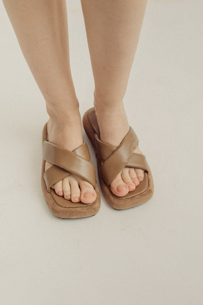 Brown Wide Criss Cross Strap Sandals