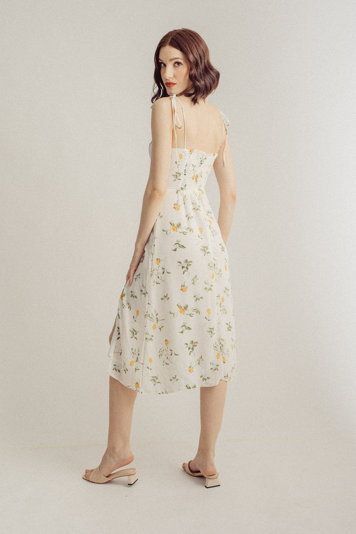 Yurina White with Orange Floral All Over Print Sleeveless Self-Tie Midi Dress with Slit