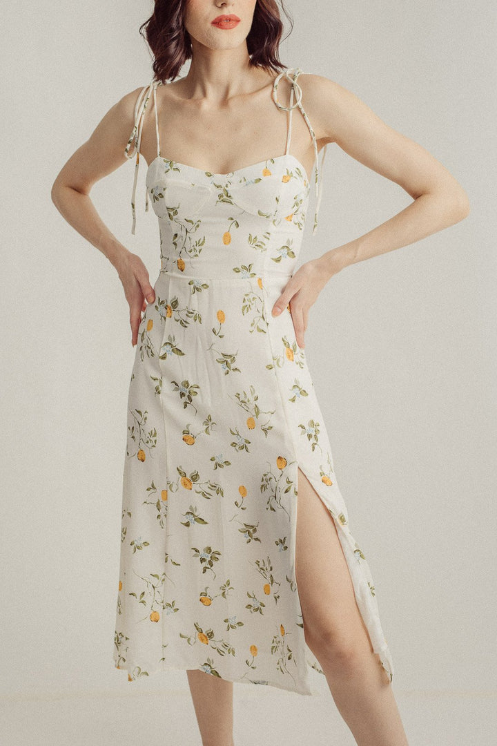 Yurina White with Orange Floral All Over Print Sleeveless Self-Tie Midi Dress with Slit