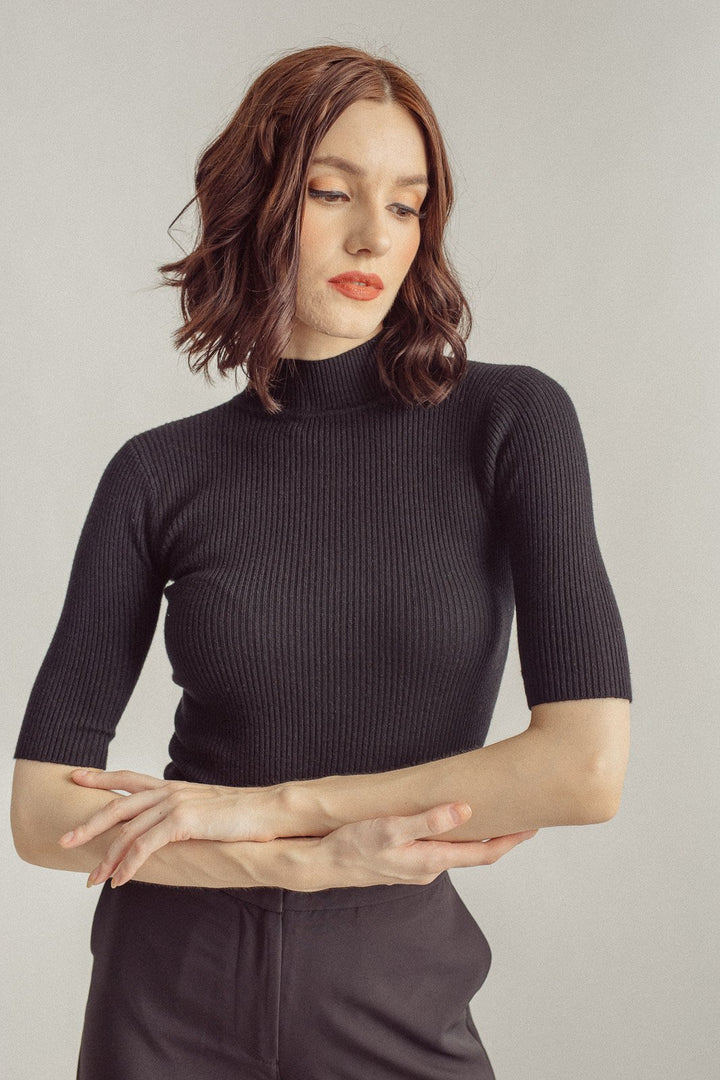 Sandy Black Knitted Turtle Neck Short Sleeves Top