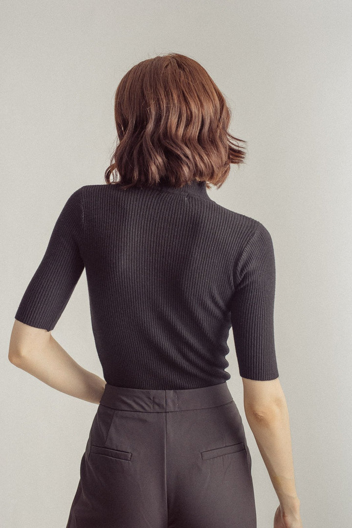 Sandy Black Knitted Turtle Neck Short Sleeves Top