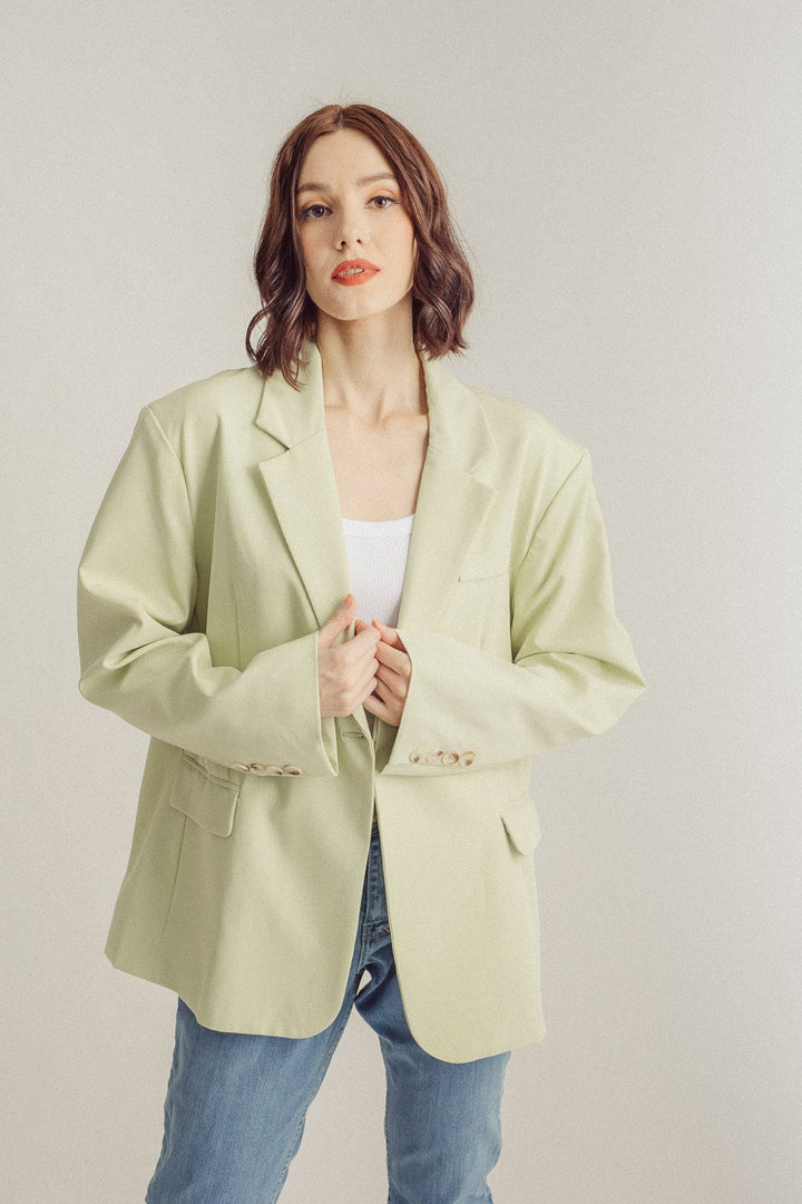 Sheldon Pastel Green Notched Collar Neck Long Sleeves Buttons Blazer Top