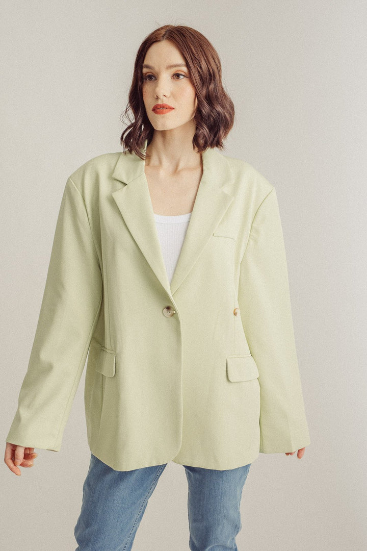 Sheldon Pastel Green Notched Collar Neck Long Sleeves Buttons Blazer Top