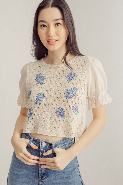 Jam Beige Eyelet with Blue Floral Round Neck Puff Sleeves Top