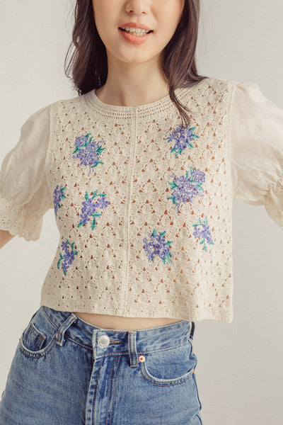Jam Beige Eyelet with Blue Floral Round Neck Puff Sleeves Top