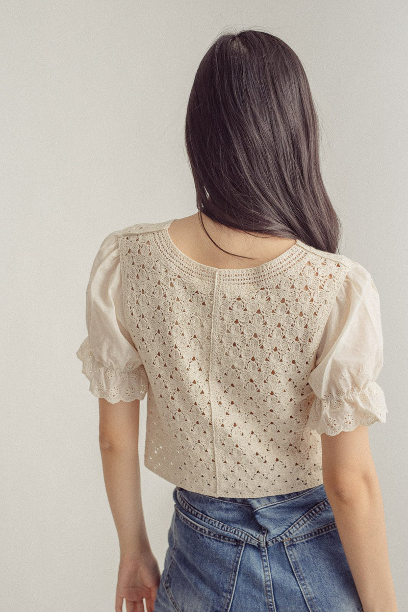 Jam Beige Eyelet with Blue Floral Round Neck Puff Sleeves Top