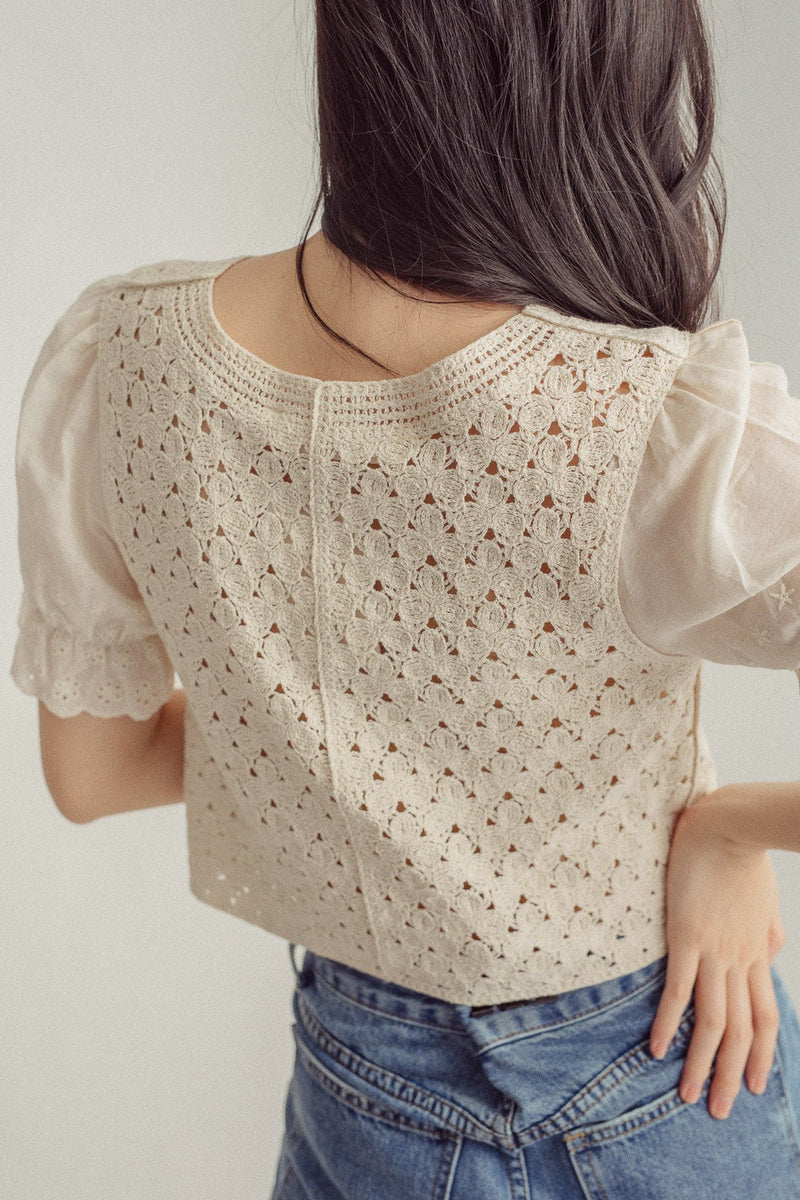 Jam Beige Eyelet with Blue Floral Round Neck Puff Sleeves Top
