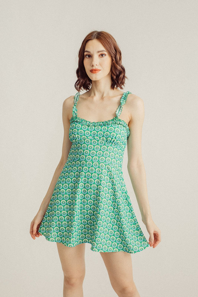 Darlene Green with Floral Pattern Ruffle Neckline and Straps Sleeveless A-Line Mini Dress