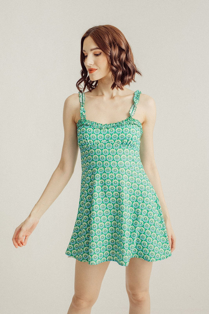 Darlene Green with Floral Pattern Ruffle Neckline and Straps Sleeveless A-Line Mini Dress
