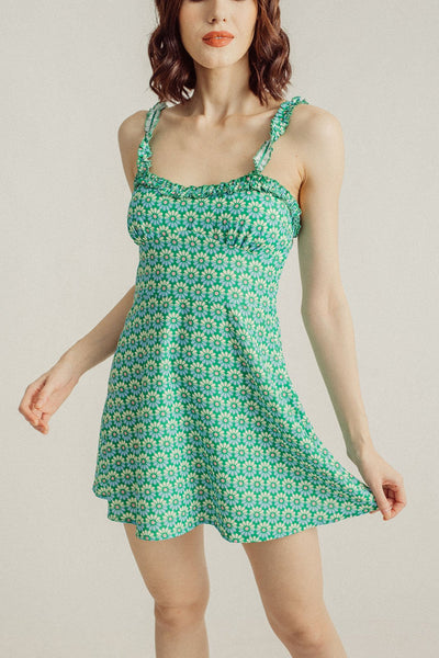 Darlene Green with Floral Pattern Ruffle Neckline and Straps Sleeveless A-Line Mini Dress
