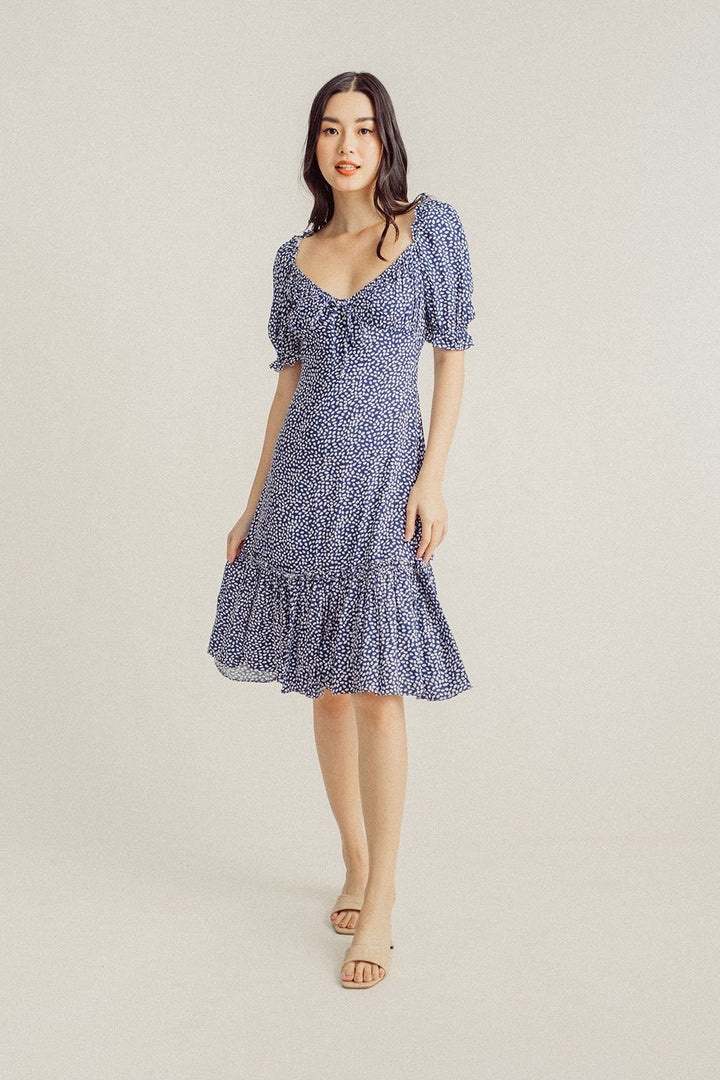 Elena Blue White Floral V Neck Puff Sleeves Ruffle Hem Midi Dress