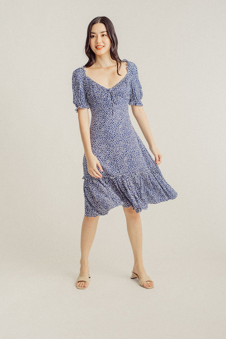 Elena Blue White Floral V Neck Puff Sleeves Ruffle Hem Midi Dress