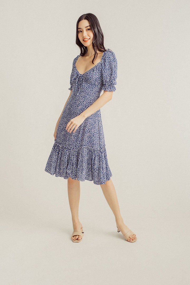 Elena Blue White Floral V Neck Puff Sleeves Ruffle Hem Midi Dress