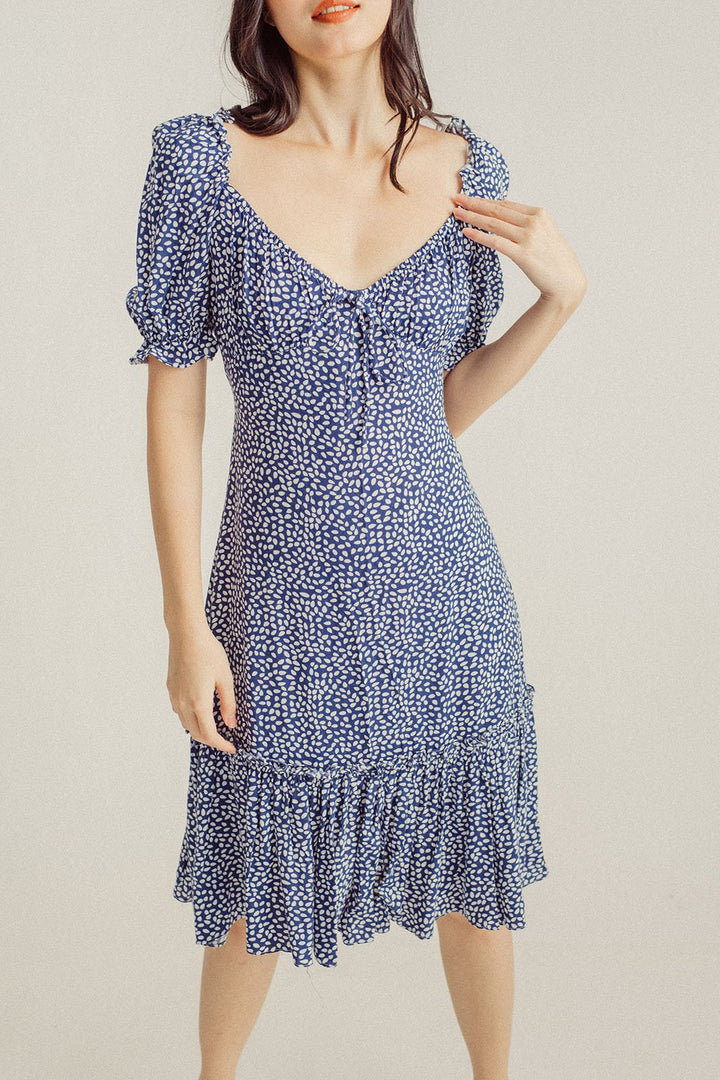 Elena Blue White Floral V Neck Puff Sleeves Ruffle Hem Midi Dress