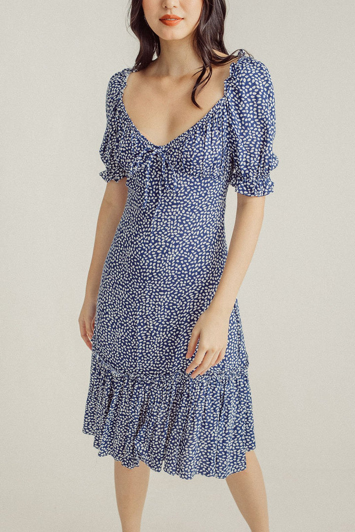 Elena Blue White Floral V Neck Puff Sleeves Ruffle Hem Midi Dress