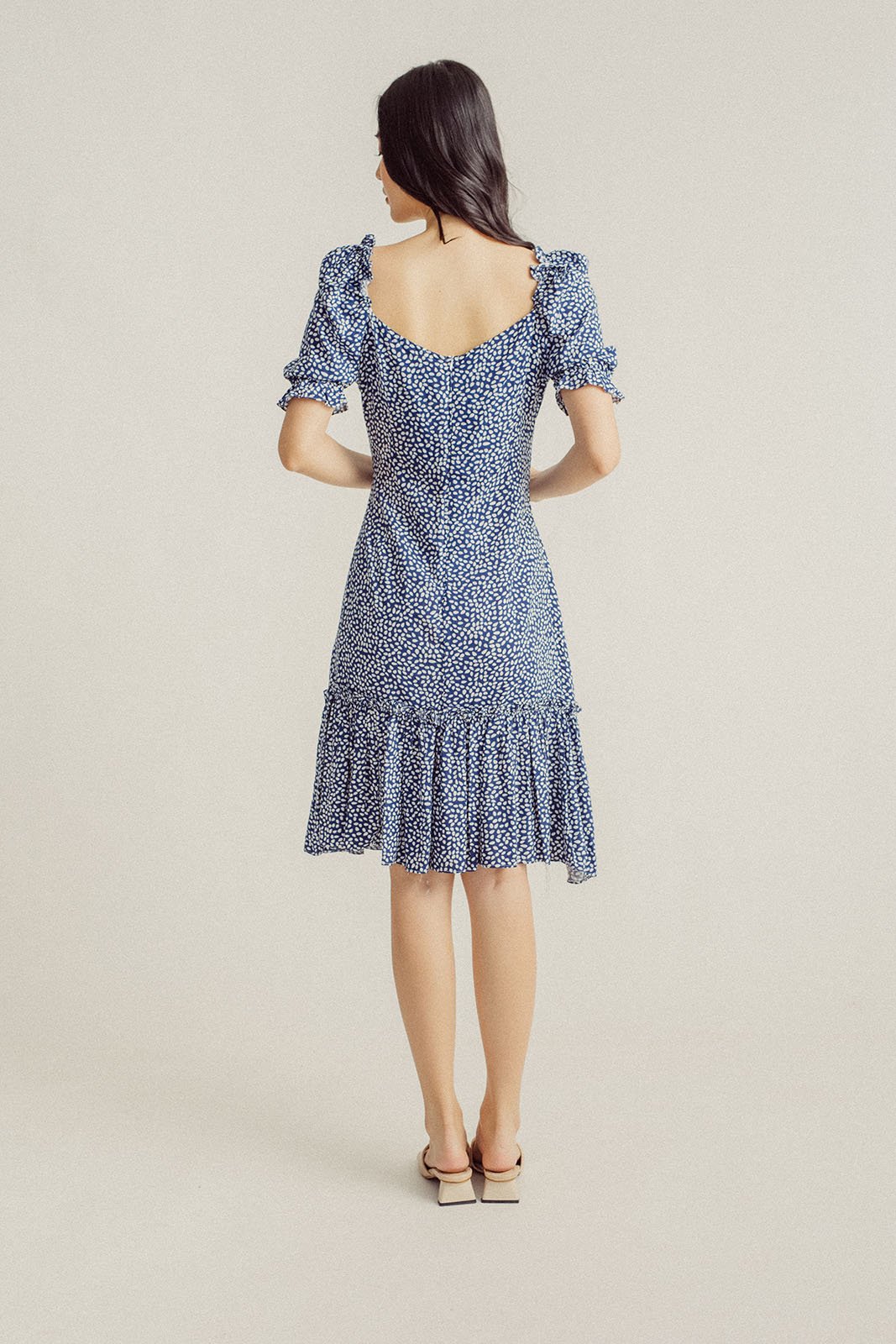 Elena Blue White Floral V Neck Puff Sleeves Ruffle Hem Midi Dress