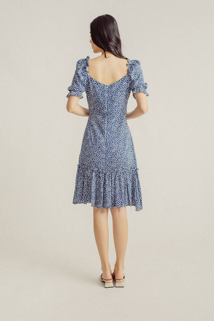 Elena Blue White Floral V Neck Puff Sleeves Ruffle Hem Midi Dress