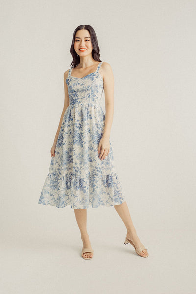 Asia Light Blue Floral All Over Print V Neckline Sleeveless Layer Midi Dress