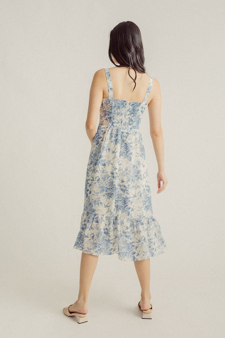Asia Light Blue Floral All Over Print V Neckline Sleeveless Layer Midi Dress