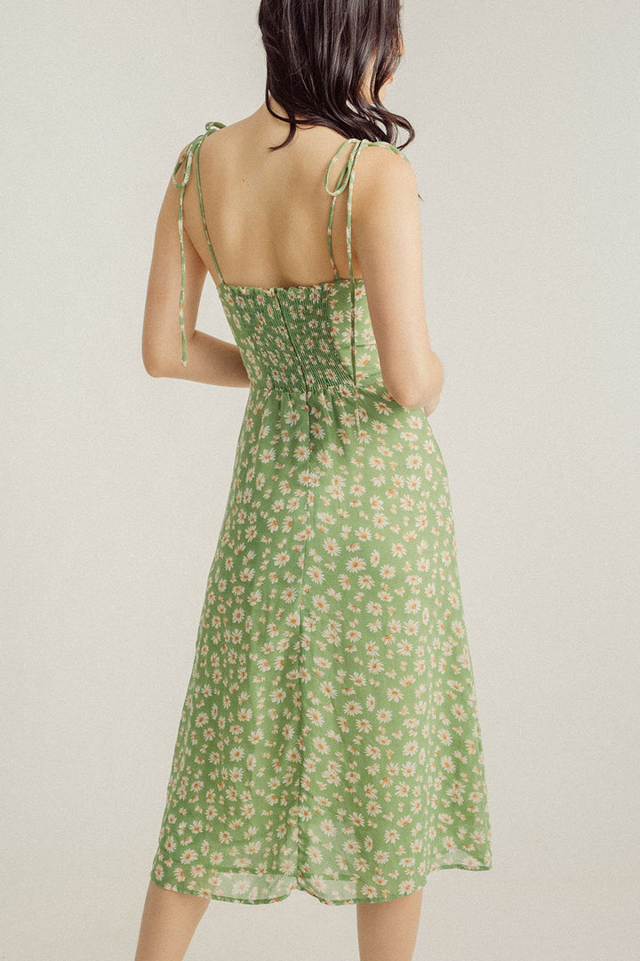 Camila Green with Yellow Floral All Over Print Sleeveless Self Tie Midi Dress with Slit