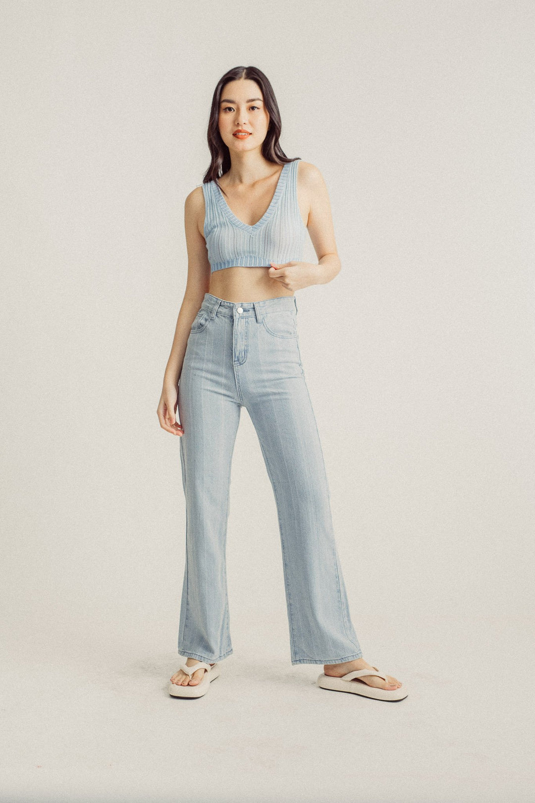 Wildence Blue Ribbed Vneck Wide Strap Sleeveless Crop Top