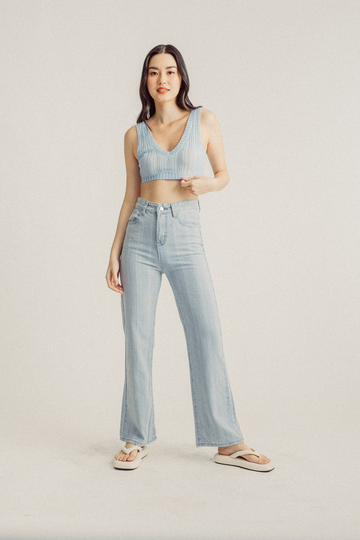Wildence Blue Ribbed Vneck Wide Strap Sleeveless Crop Top
