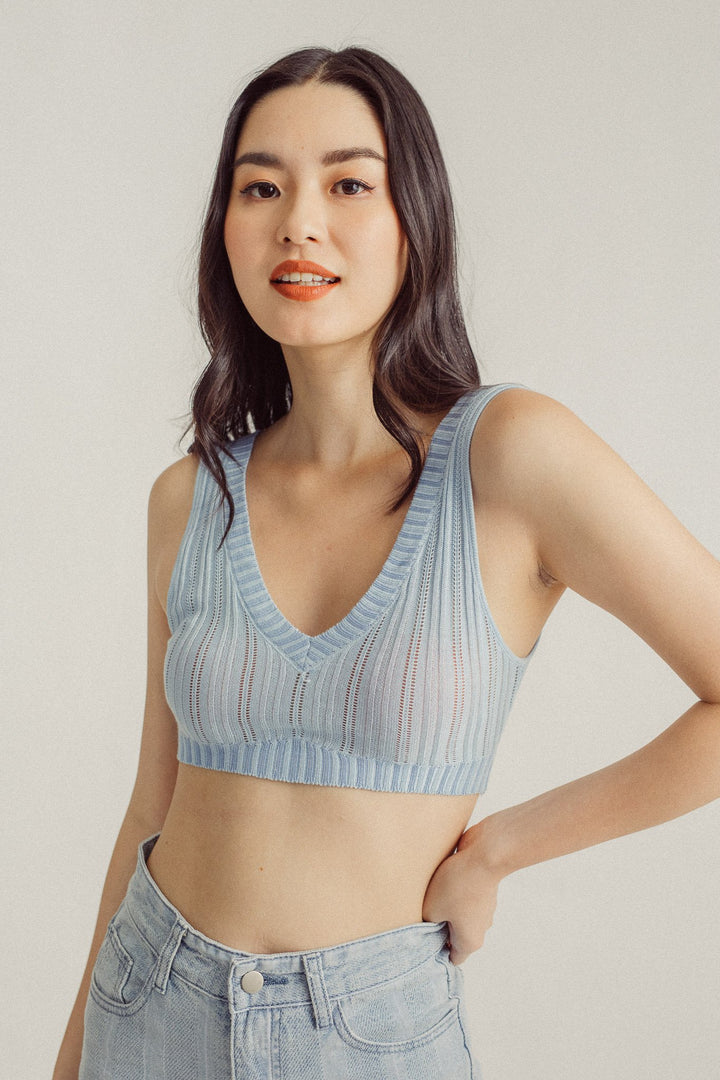 Wildence Blue Ribbed Vneck Wide Strap Sleeveless Crop Top
