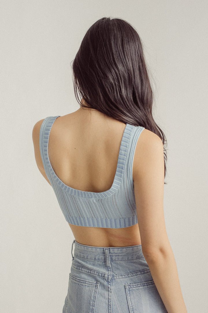 Wildence Blue Ribbed Vneck Wide Strap Sleeveless Crop Top