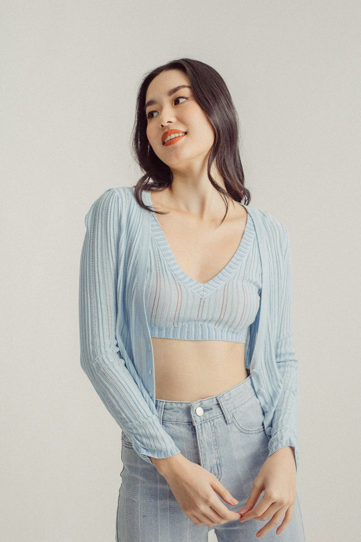 Wildence Blue Ribbed Vneck Wide Strap Sleeveless Crop Top