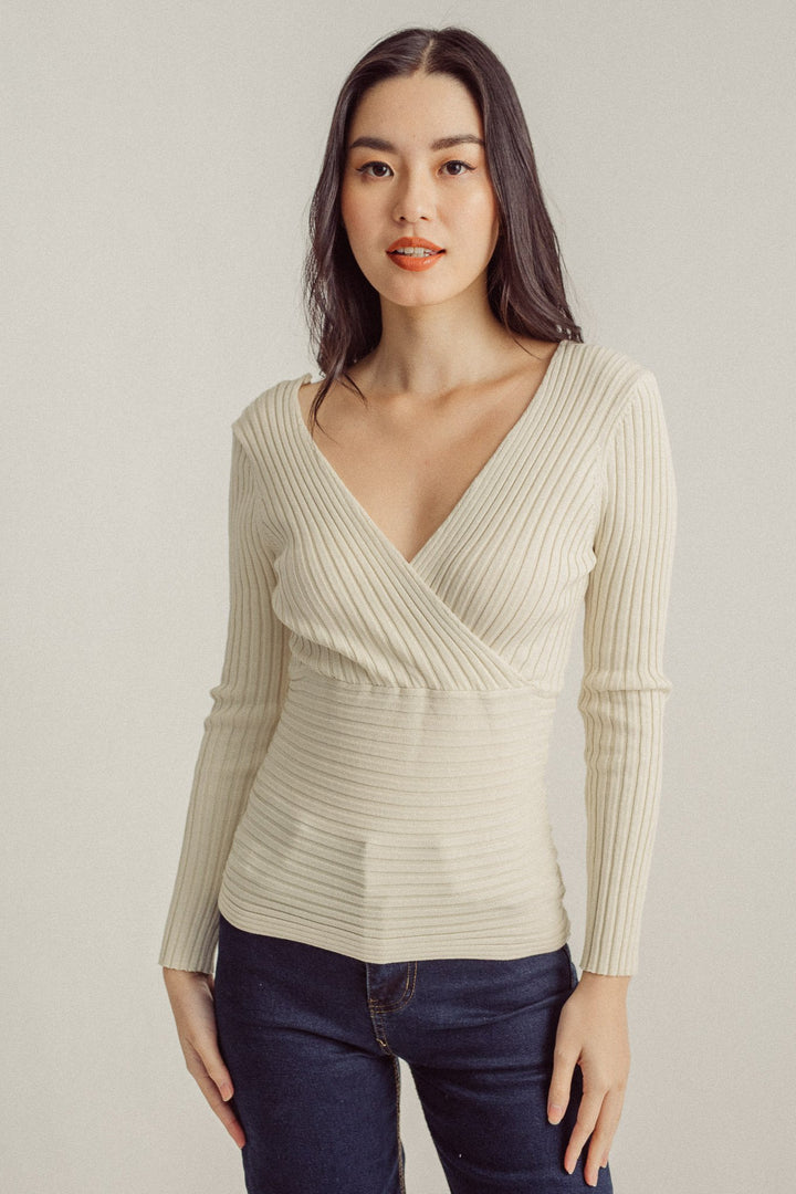 Jaya Off White Knitted Deep V Overlap Neck Long Sleeves Top