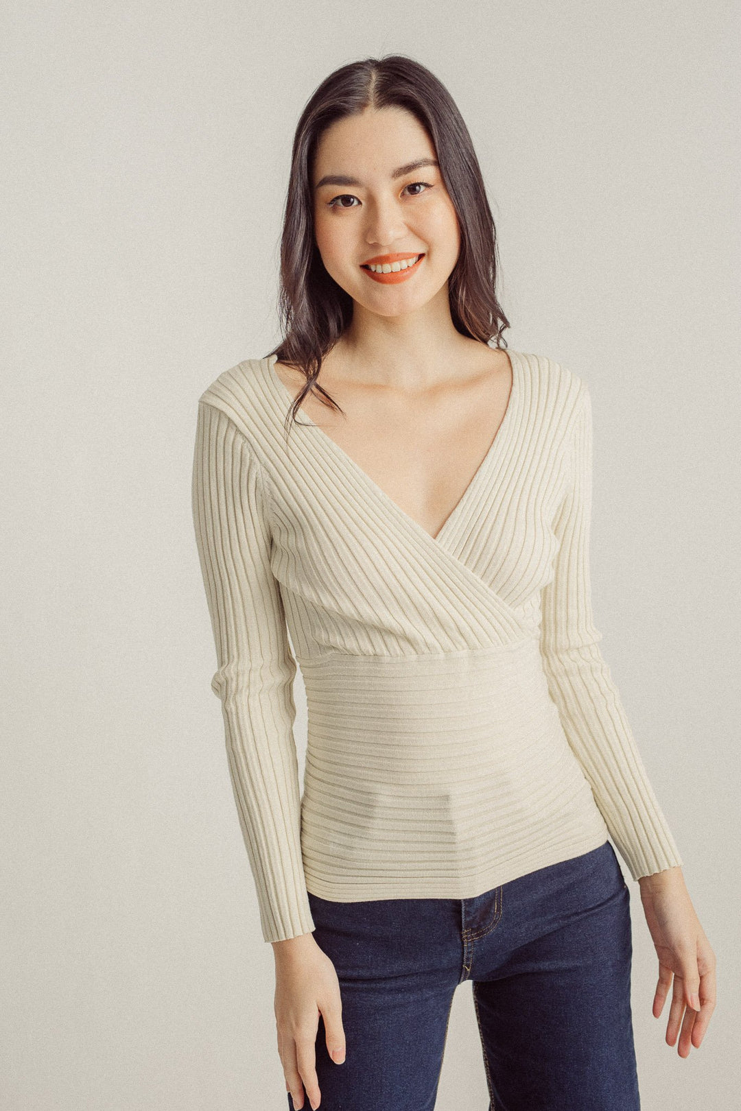 Jaya Off White Knitted Deep V Overlap Neck Long Sleeves Top