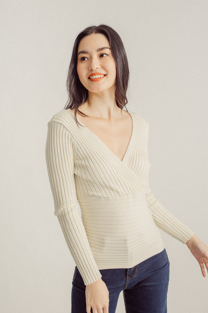 Jaya Off White Knitted Deep V Overlap Neck Long Sleeves Top