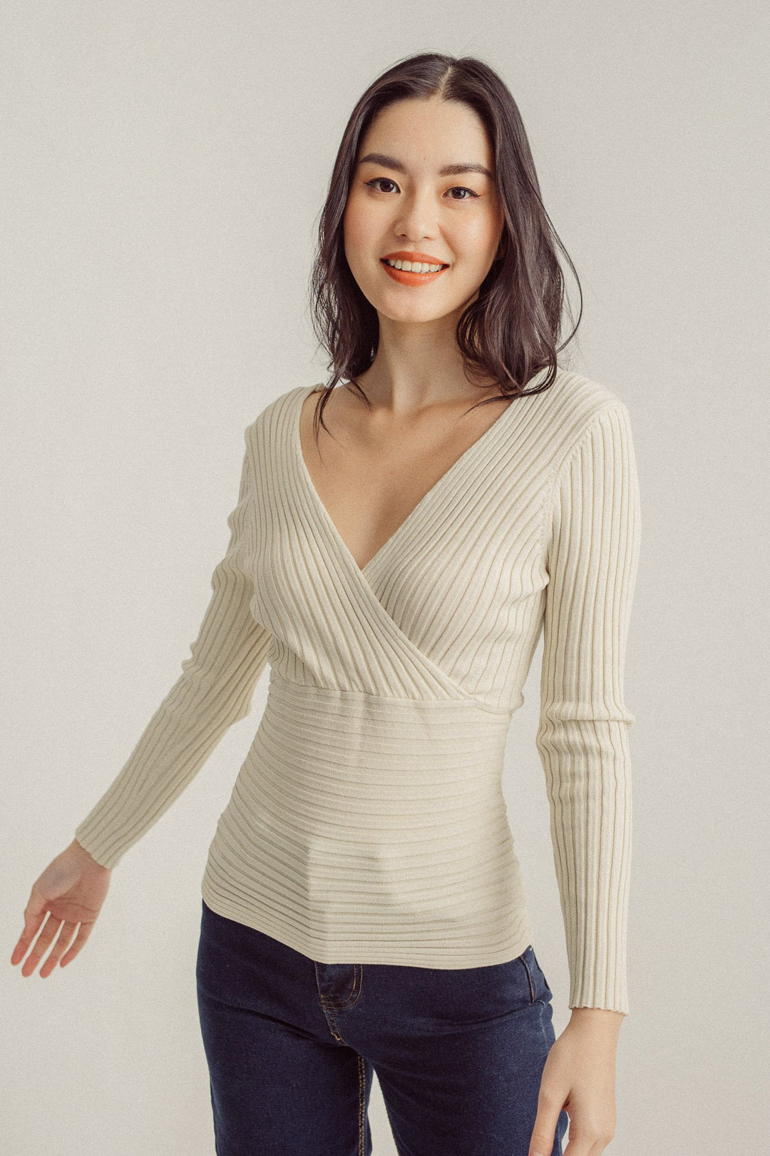 Jaya Off White Knitted Deep V Overlap Neck Long Sleeves Top