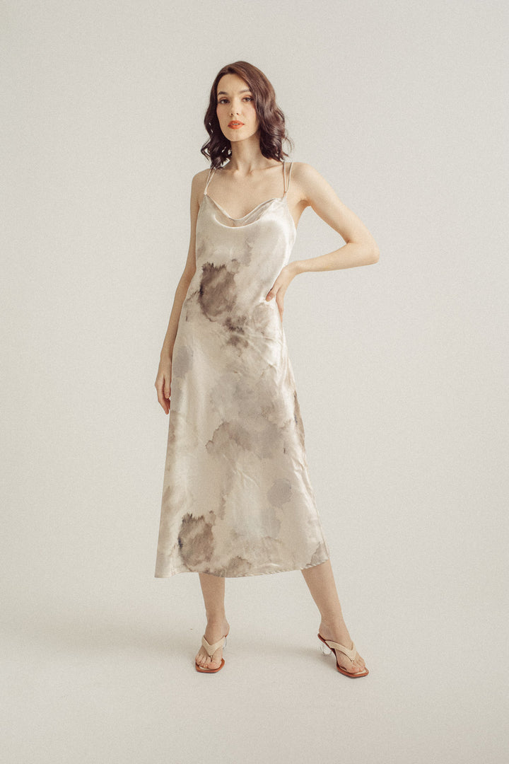 Carrie Brown Silk Pastel Watercolor Print Sleeveless Crisscross Back Midi Dress