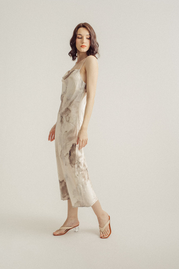 Carrie Brown Silk Pastel Watercolor Print Sleeveless Crisscross Back Midi Dress