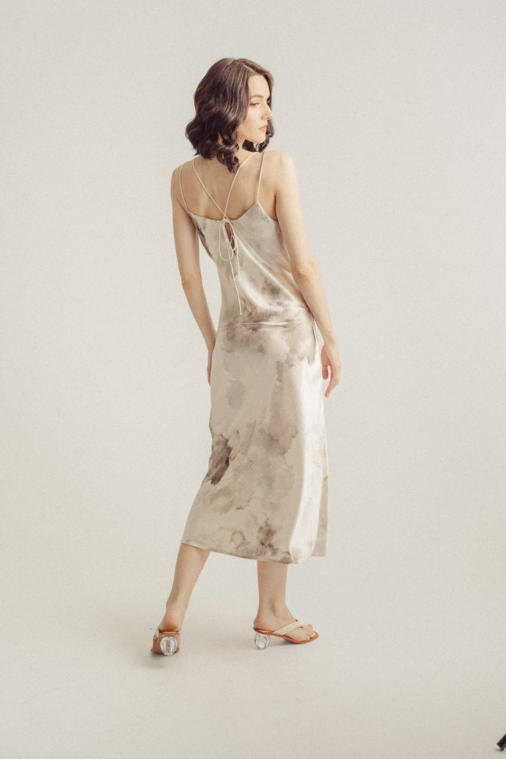 Carrie Brown Silk Pastel Watercolor Print Sleeveless Crisscross Back Midi Dress