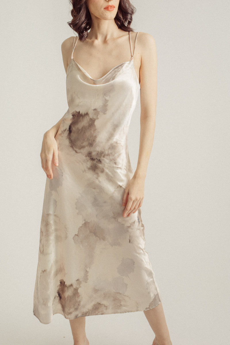 Carrie Brown Silk Pastel Watercolor Print Sleeveless Crisscross Back Midi Dress