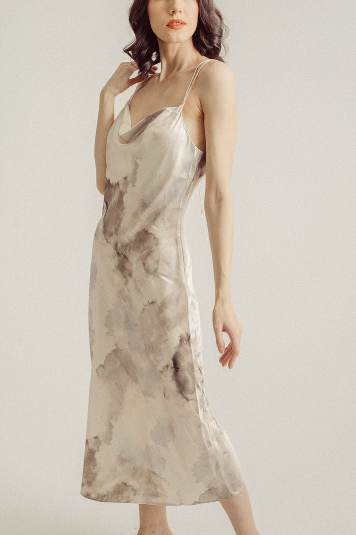 Carrie Brown Silk Pastel Watercolor Print Sleeveless Crisscross Back Midi Dress