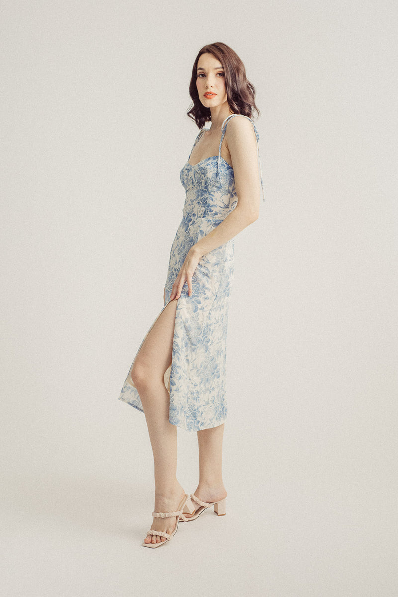 (PRE-ORDER: ETA February 25) Rakeem White with Blue Floral Sweetheart Neckline Sleeveless Self Tie Midi Dress