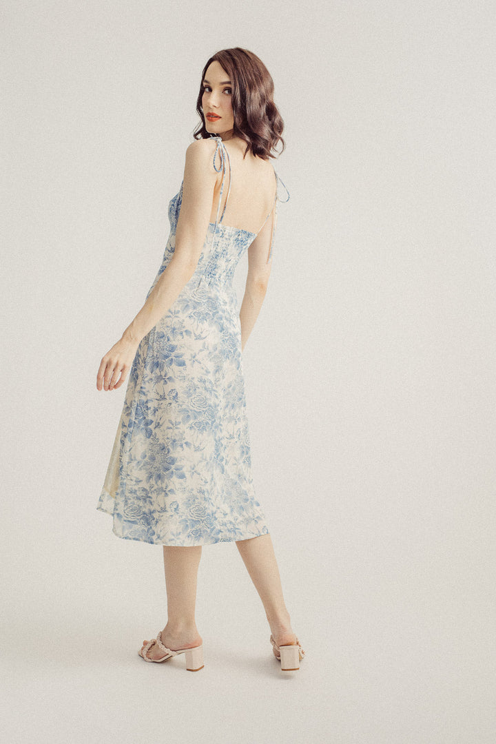 Rakeem White with Blue Floral Sweetheart Neckline Sleeveless Self Tie Midi Dress
