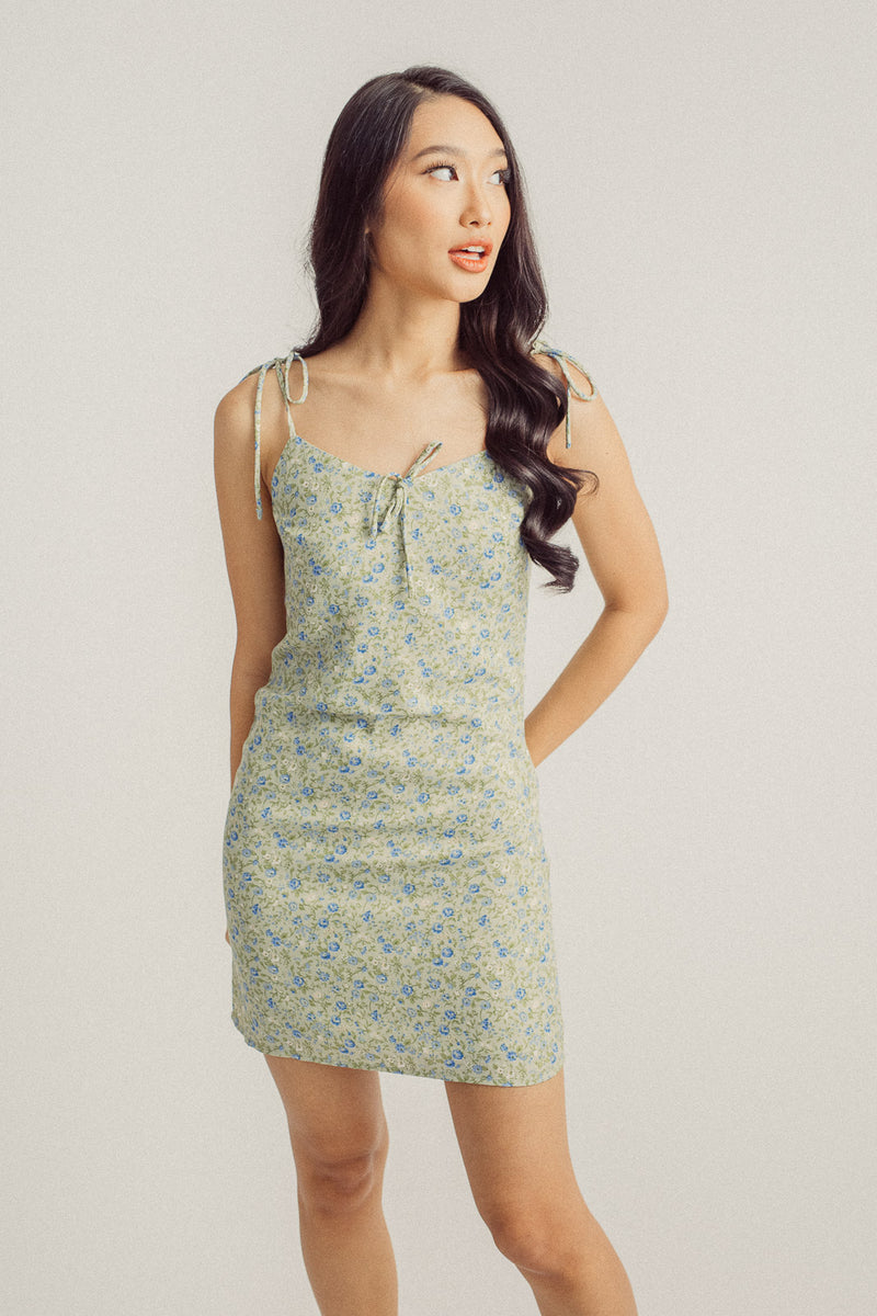 Sheen Green with Blue Floral All Over Print Bow Bust Sleeveless Self Tie Mini Dress