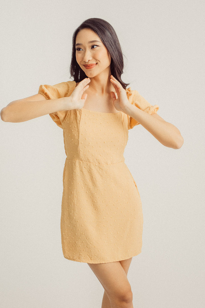Nicole Canary Yellow Square Neck Puff Sleeves Elastic Back Mini Dress