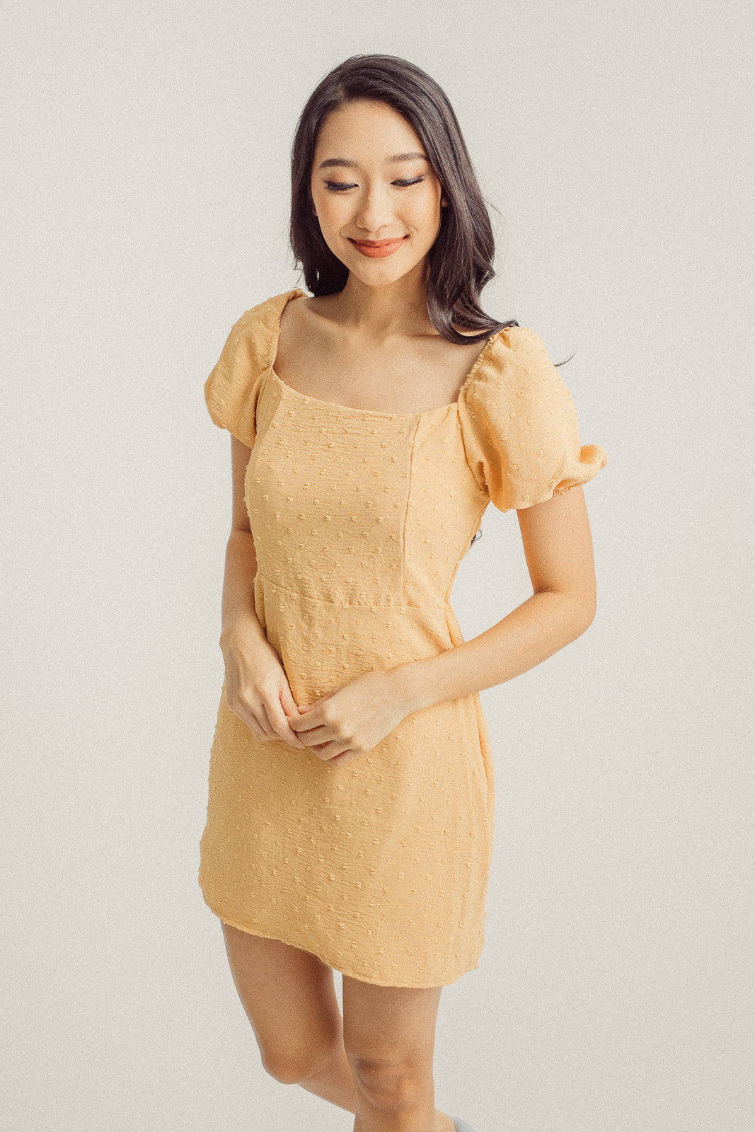 Nicole Canary Yellow Square Neck Puff Sleeves Elastic Back Mini Dress