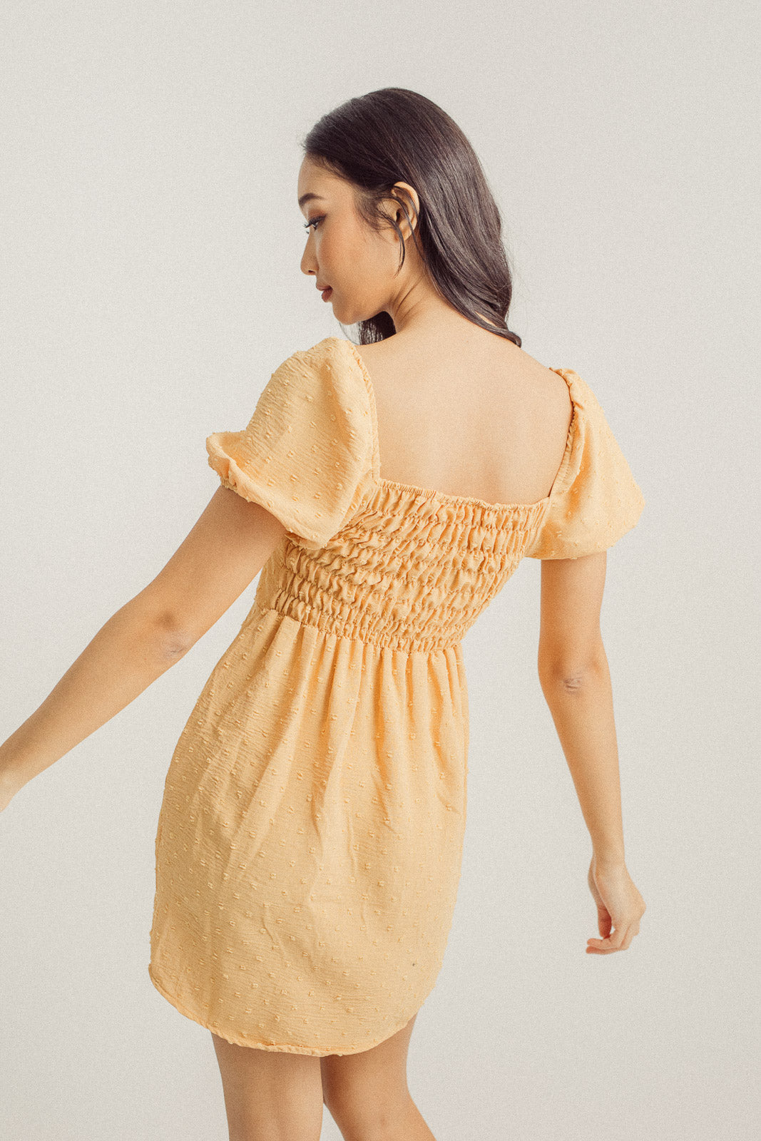 Nicole Canary Yellow Square Neck Puff Sleeves Elastic Back Mini Dress